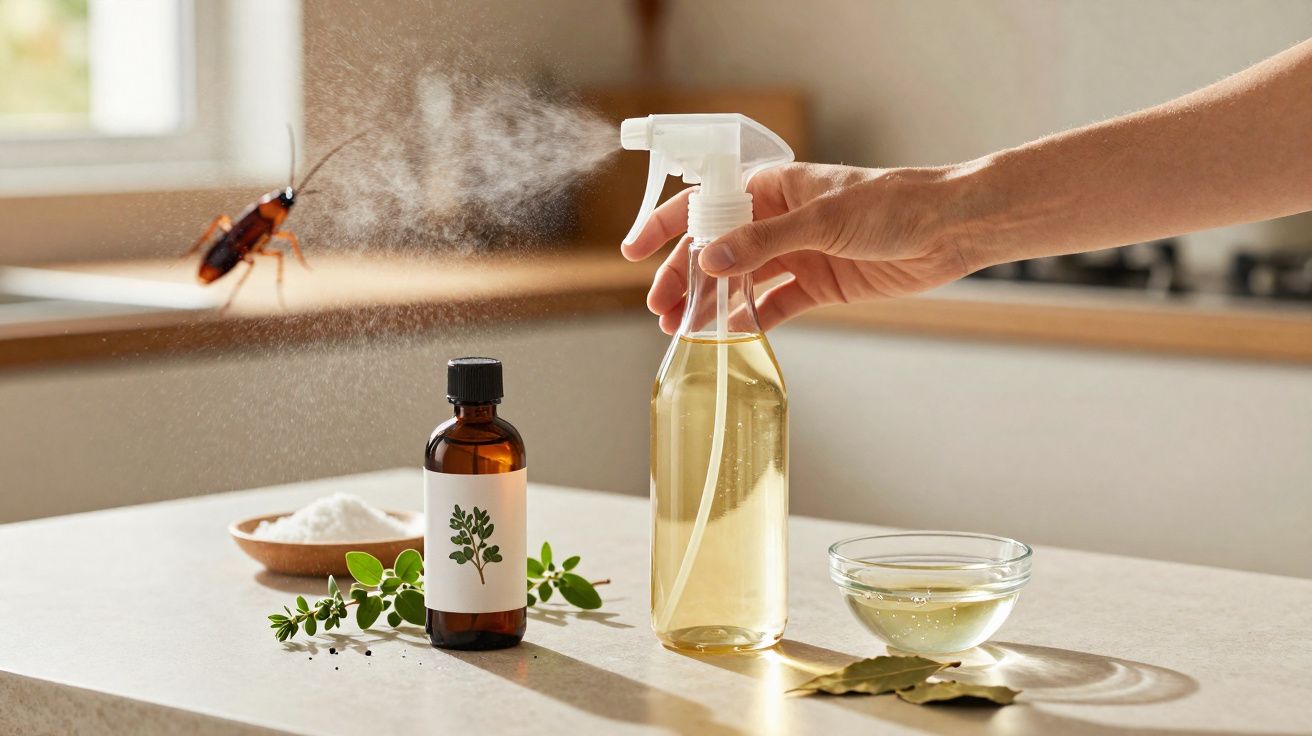 Mão borrifando spray caseiro contra barata em cozinha, com ingredientes naturais sobre a bancada.