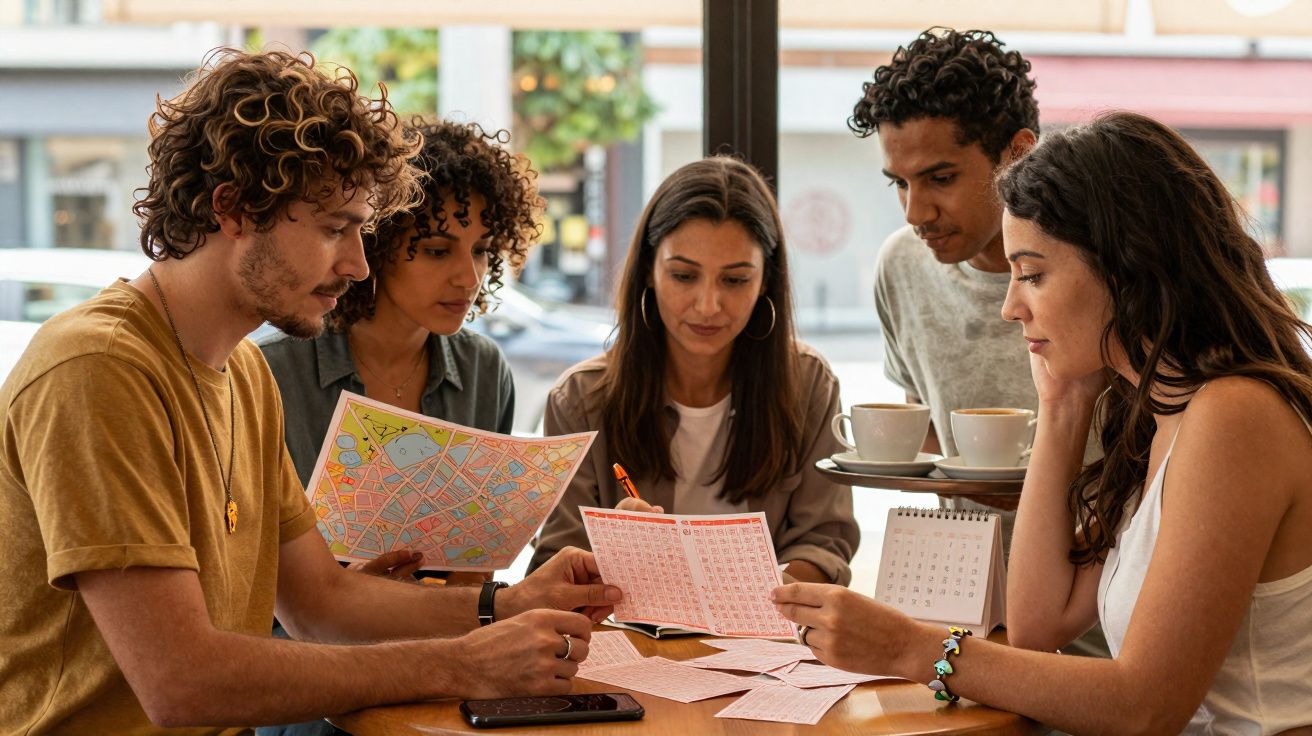 Grupo de cinco pessoas analisando mapas e listas em mesa de café.
