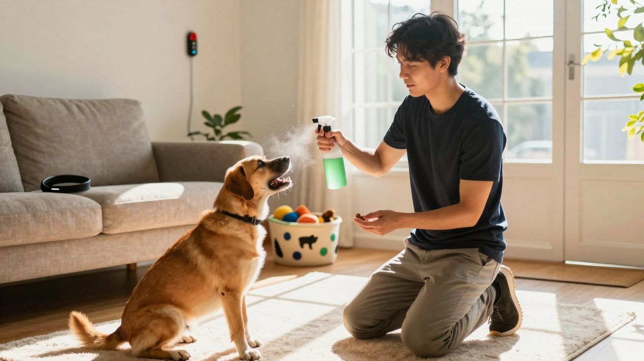 Homem treinando cachorro com spray em sala iluminada, ambos focados um no outro.