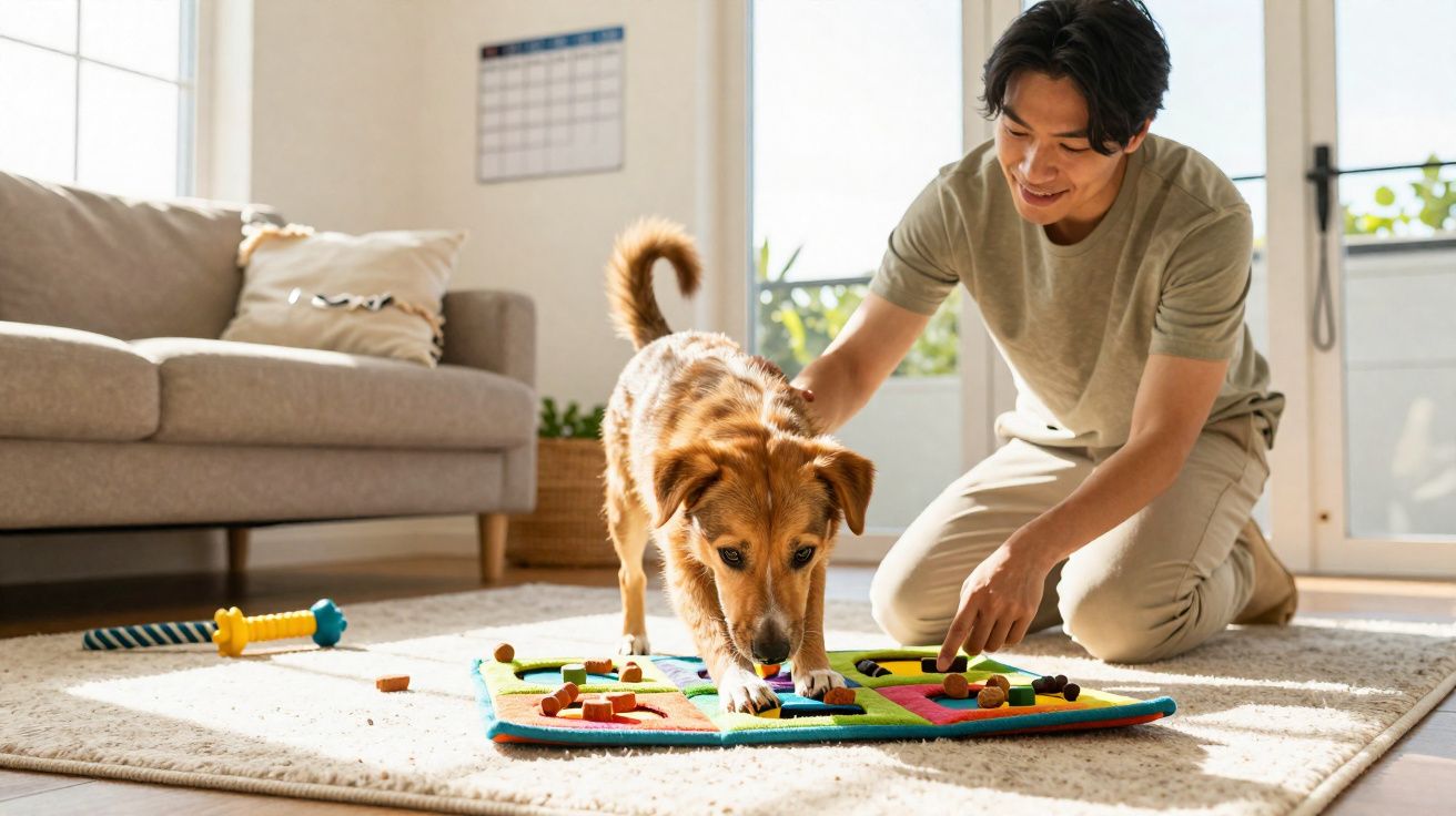 Homem sorrindo treina cachorro com brinquedo interativo em sala de estar iluminada.