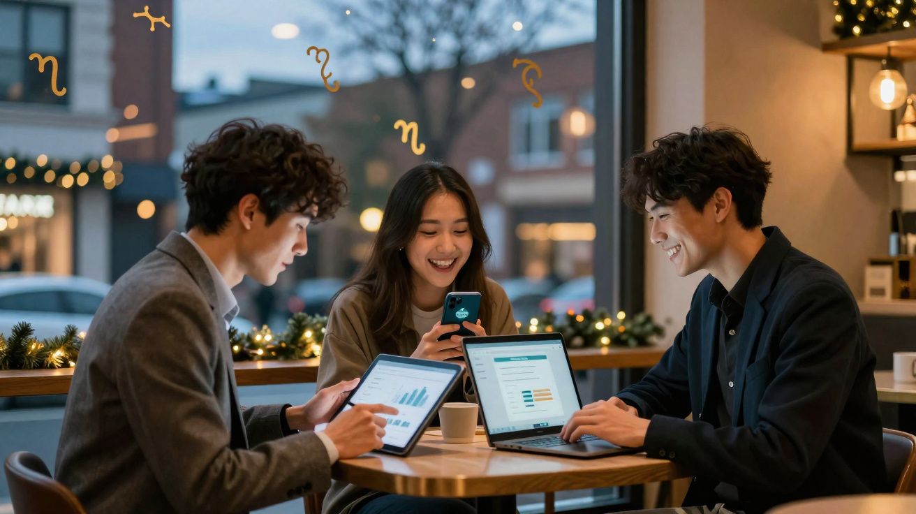 Três jovens trabalhando juntos em café com notebook, tablet e celular, sorrindo durante reunião.