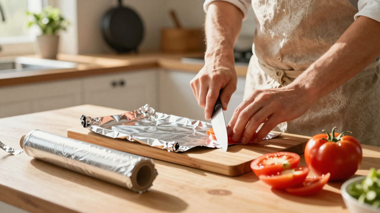 Pessoa cortando tomate sobre tábua de madeira em cozinha com papel alumínio ao lado.