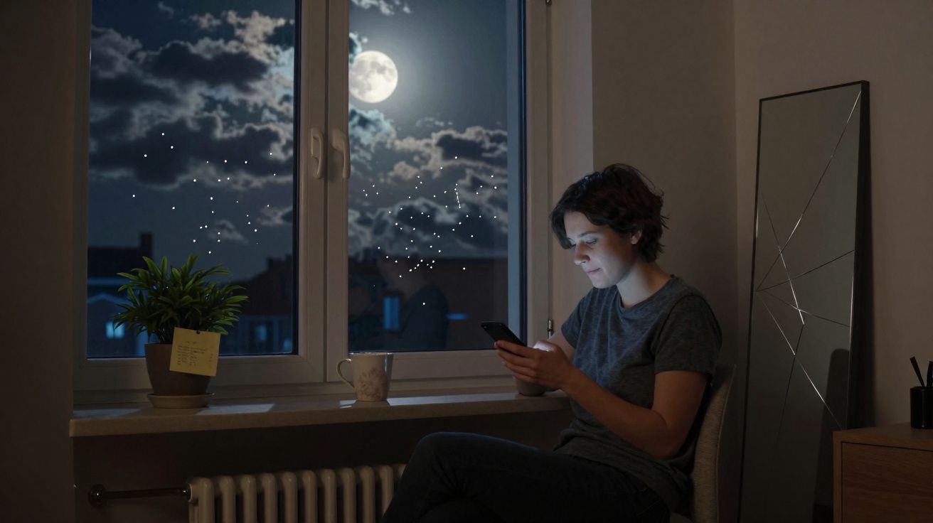Pessoa sentada perto da janela à noite, olhando o celular, com lua cheia e nuvens no céu.
