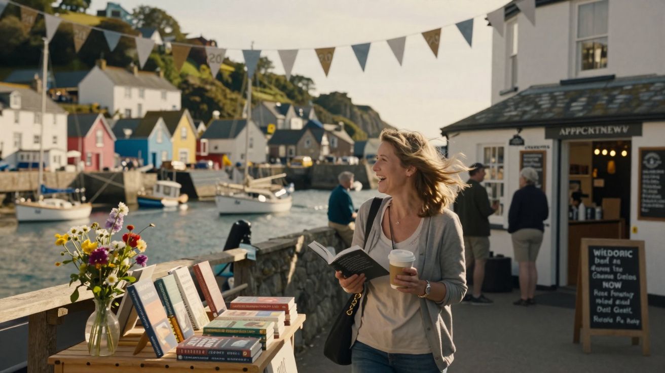 Mulher lendo livro e segurando café em feira de livros à beira-mar com casas coloridas ao fundo.