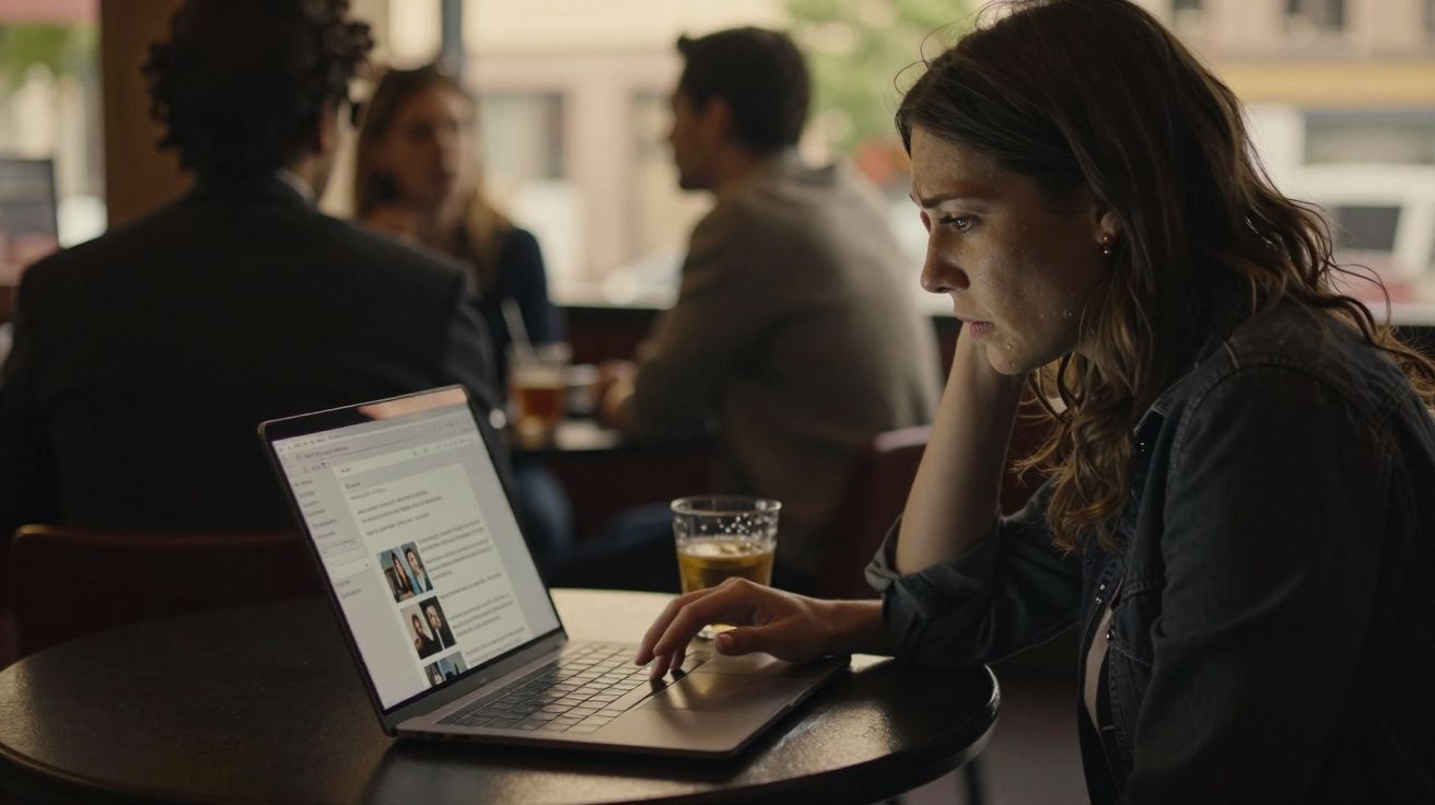 Mulher concentrada trabalhando em laptop em café, com copo de bebida e pessoas ao fundo.