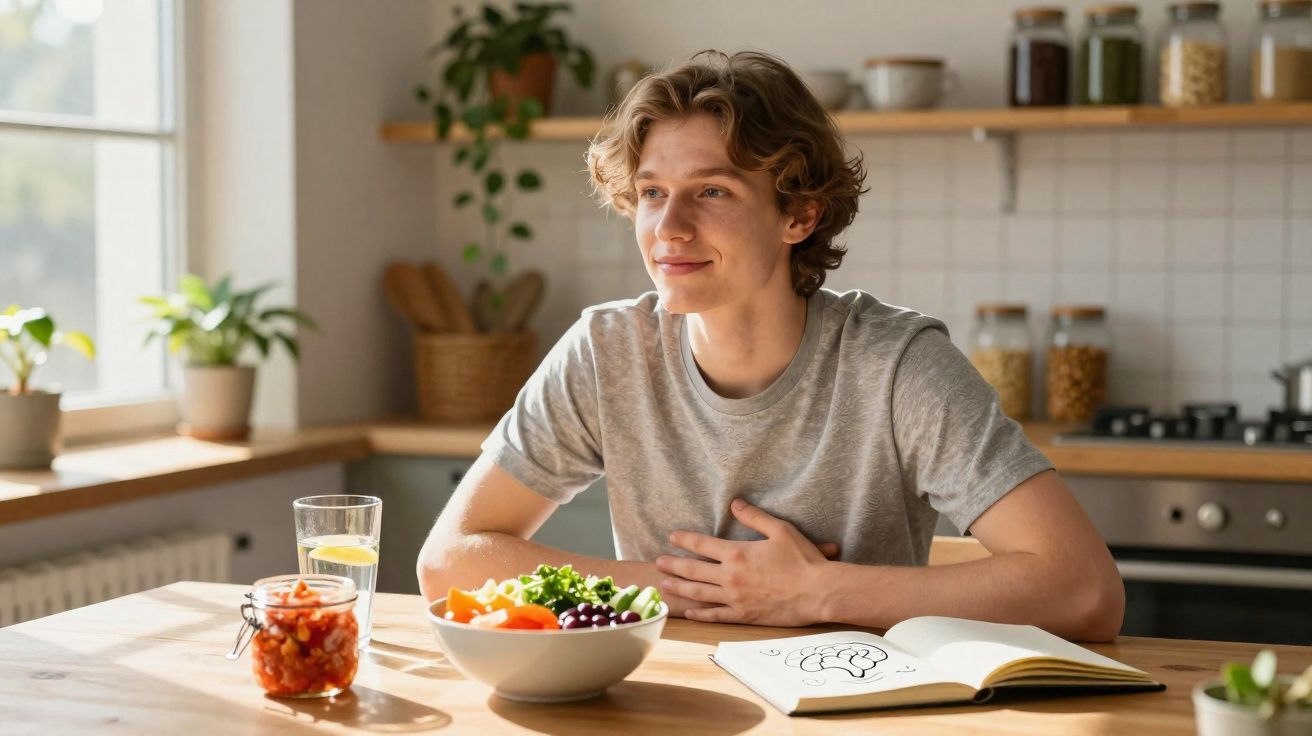Jovem sentado à mesa com salada, copo de água e livro aberto em cozinha iluminada.