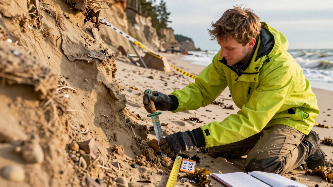 Homem com jaqueta verde coleta amostra de solo na praia próximo a barreira de alerta amarela.
