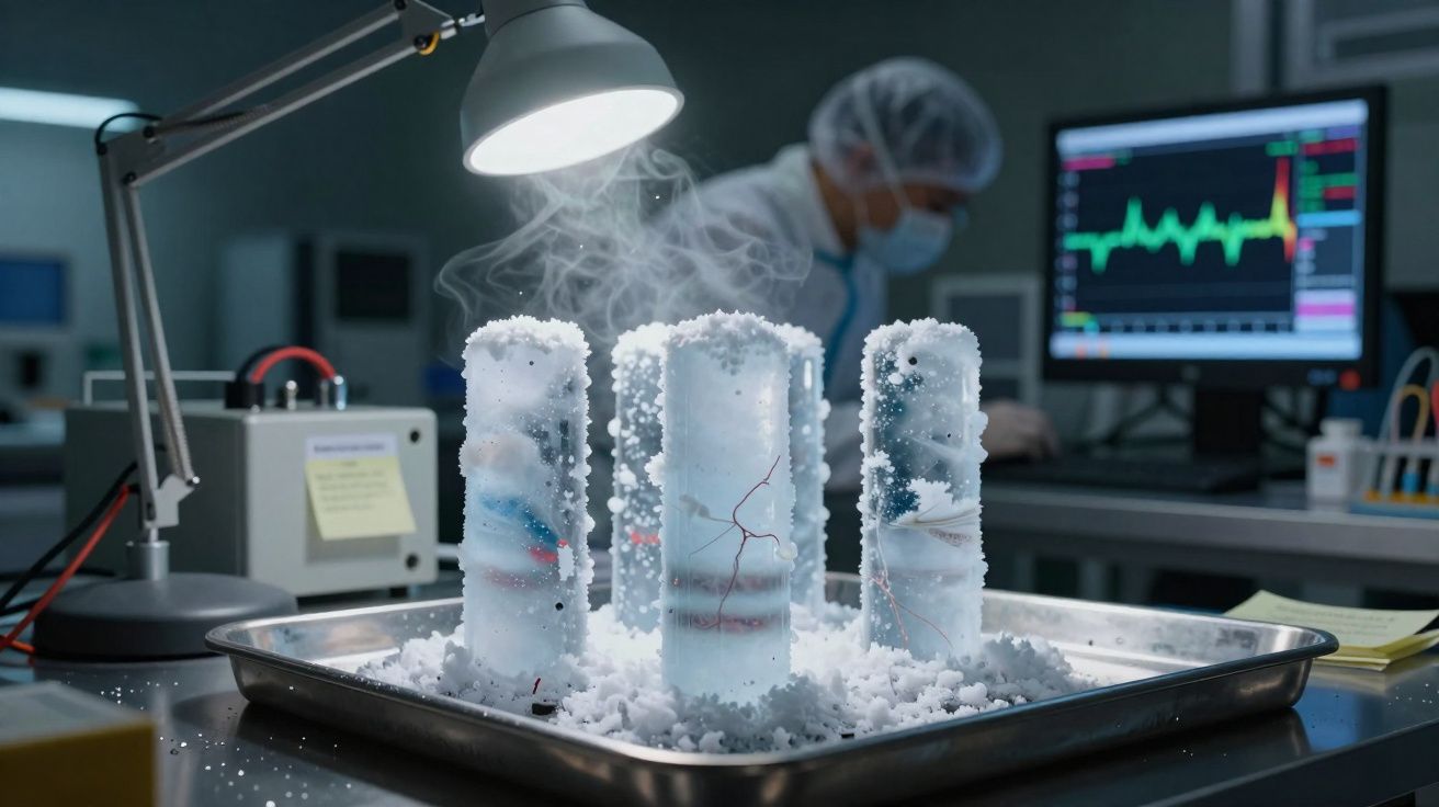 Três amostras congeladas em laboratório com gelo seco em bandeja, pesquisador ao fundo com máscara e computador ligado.