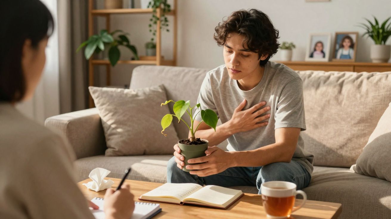 Jovem sentado no sofá segurando planta, em sessão de terapia com outra pessoa escrevendo em caderno.