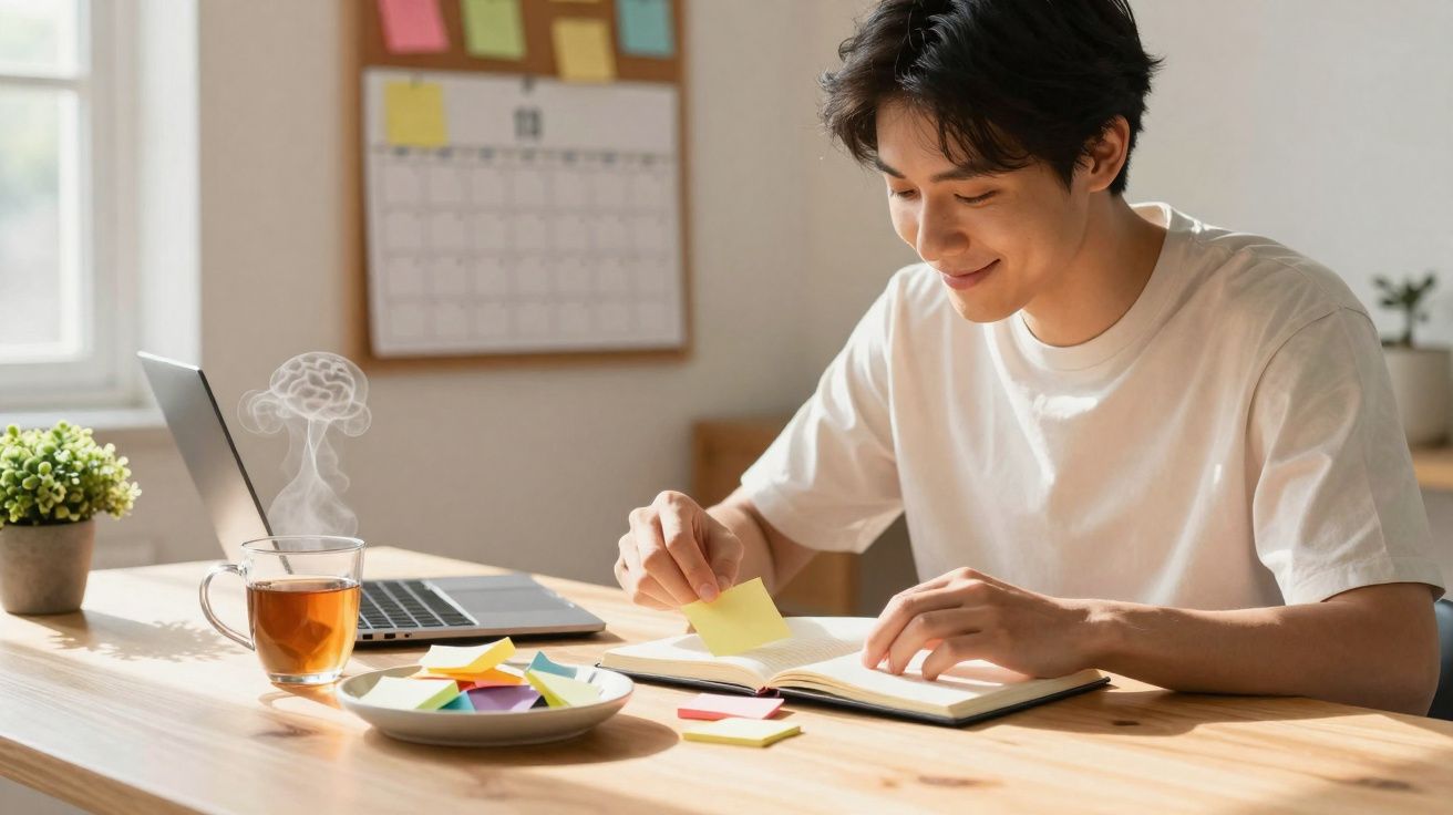 Jovem sorrindo enquanto organiza notas adesivas em caderno, com chá e laptop em mesa de madeira clara.