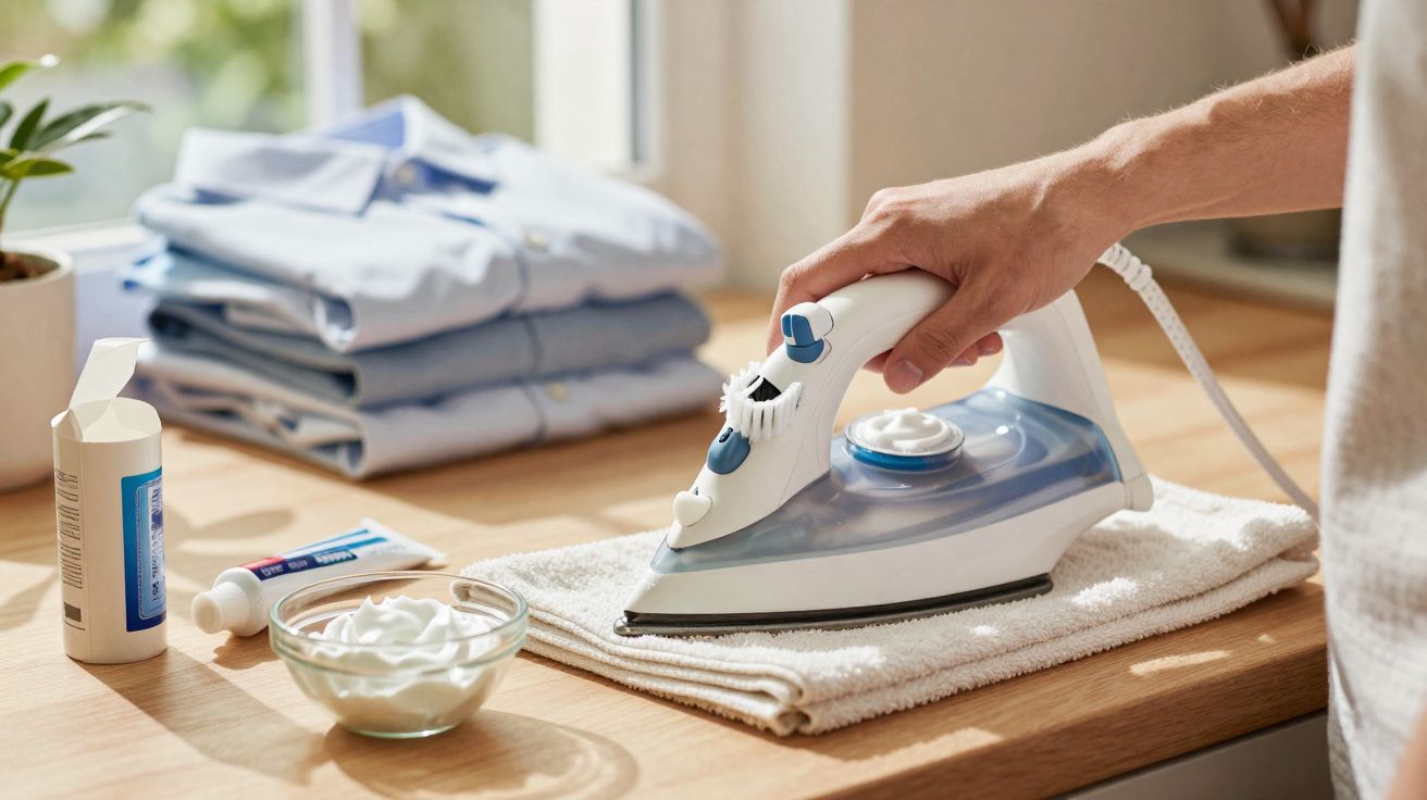 Pessoa passando ferro em toalha branca sobre mesa com roupas dobradas e creme em pote e bisnaga.