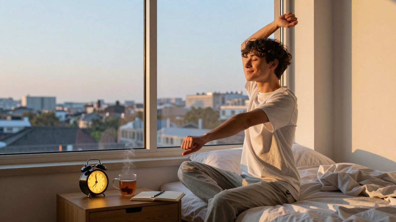 Jovem acordando e espreguiçando na cama ao lado de janela com vista para a cidade ao amanhecer.