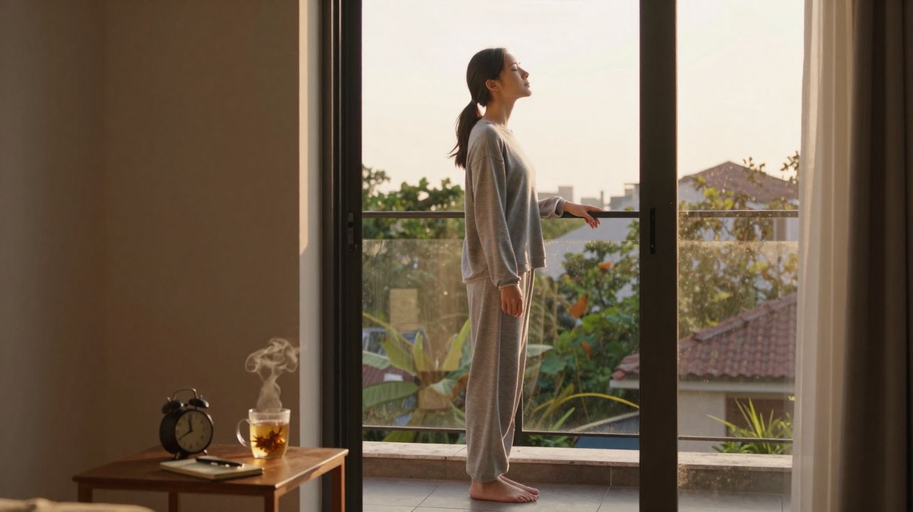 Mulher em pijama cinza aberta na varanda ao amanhecer, com plantas e casas ao fundo.