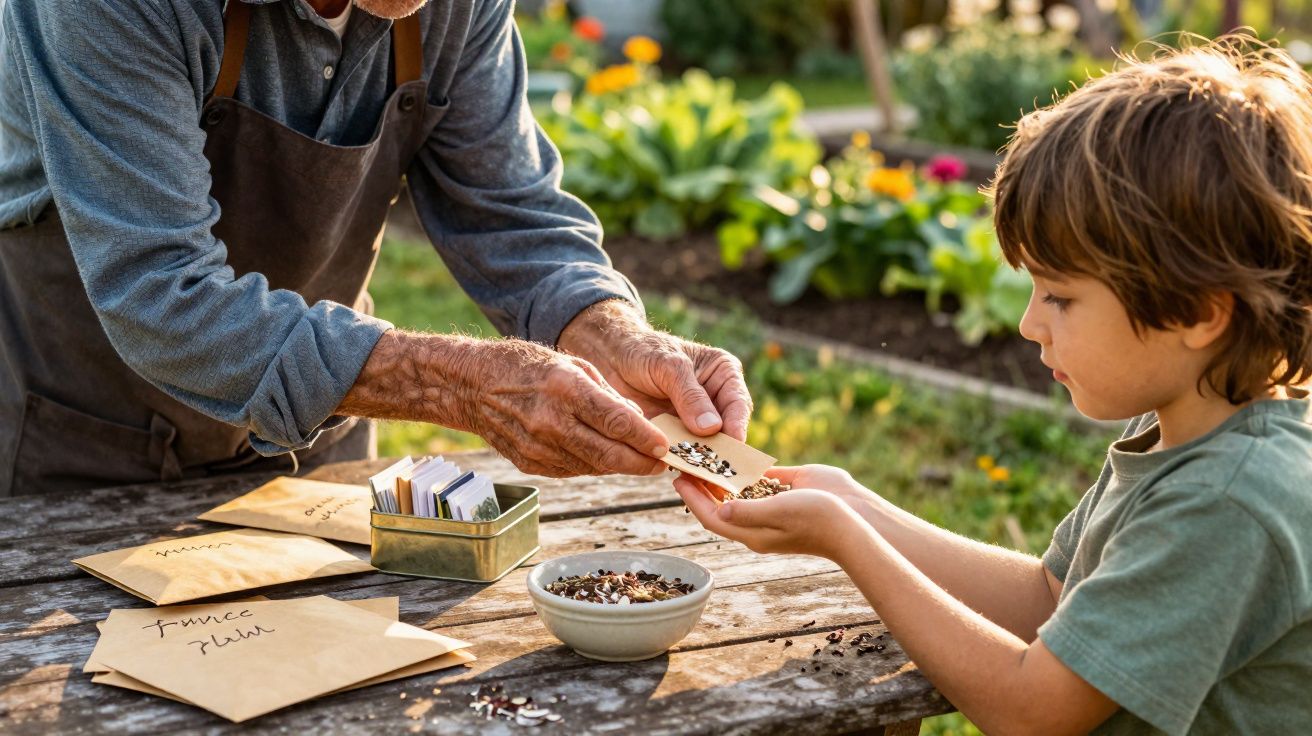 Idoso passando sementes para menino em jardim com envelopes e pote sobre mesa de madeira.