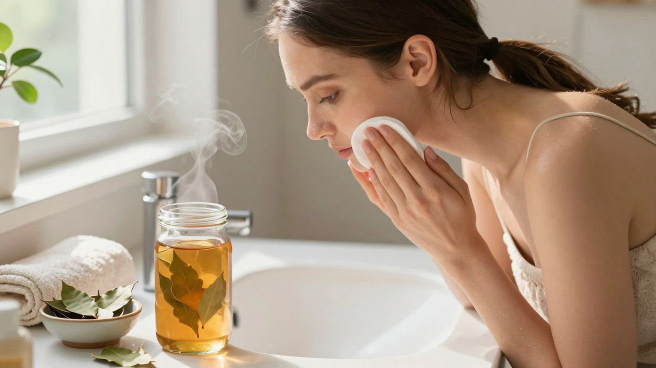 Mulher aplicando compressa facial quente na pele ao lado de jarra com folhas e vapor no banheiro.