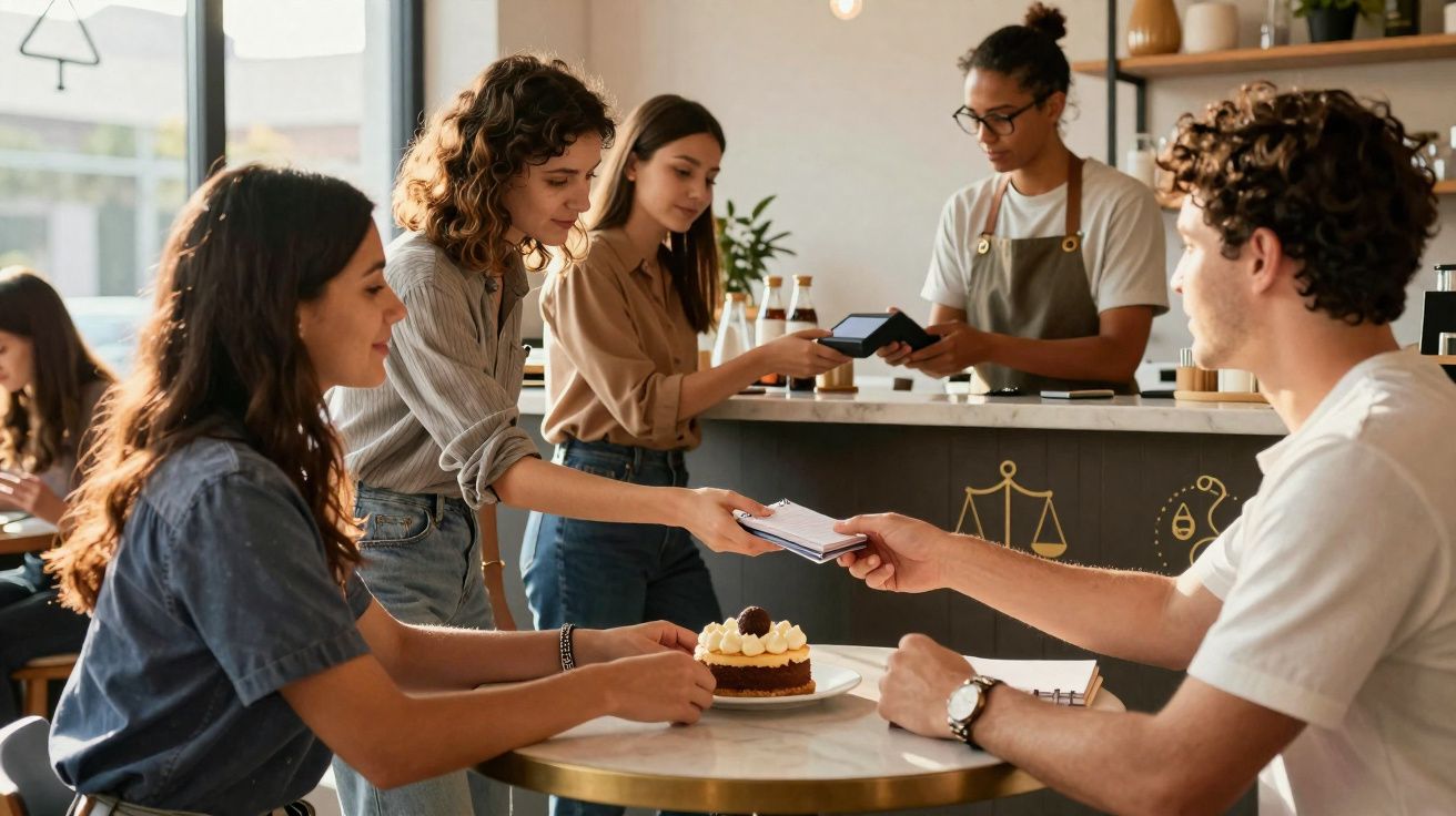Grupo de pessoas em cafeteria, uma mulher entregando nota para um homem sentado à mesa com bolo.