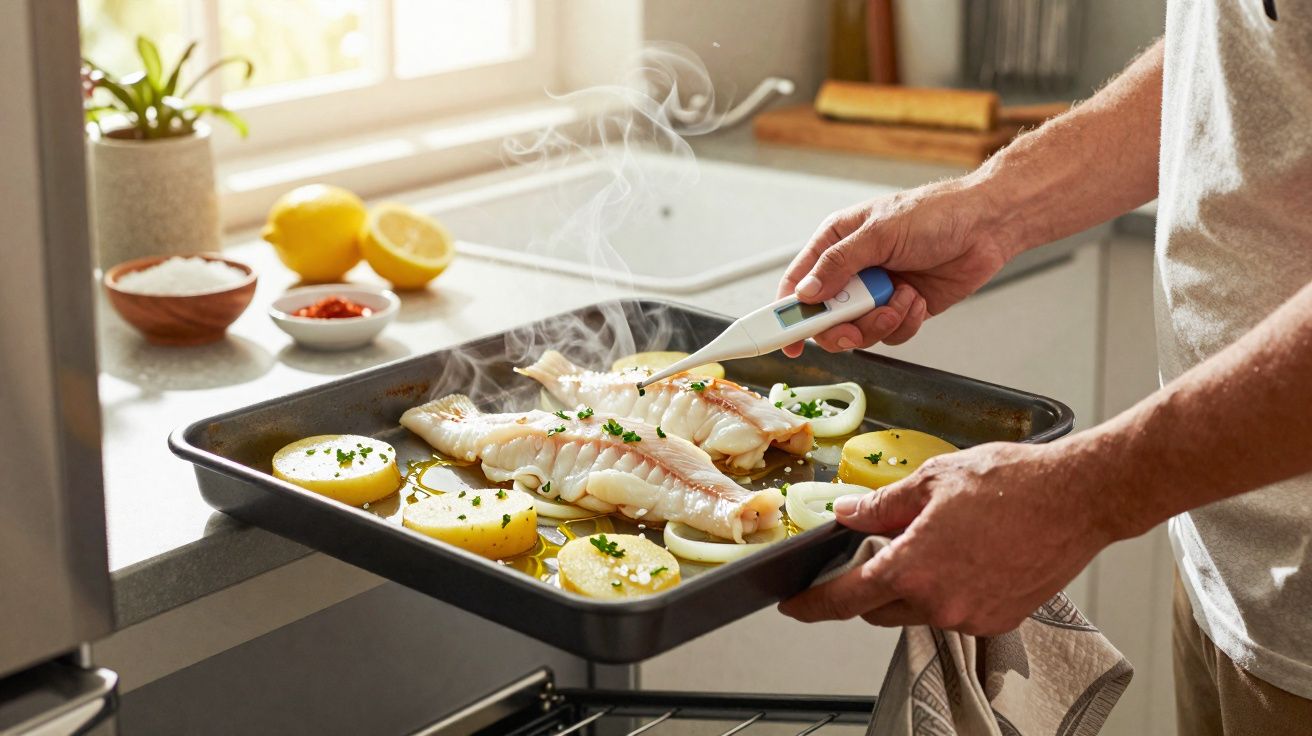 Pessoa segurando tabuleiro com peixe assado, batatas e cebolas, medindo temperatura com termômetro na cozinha.