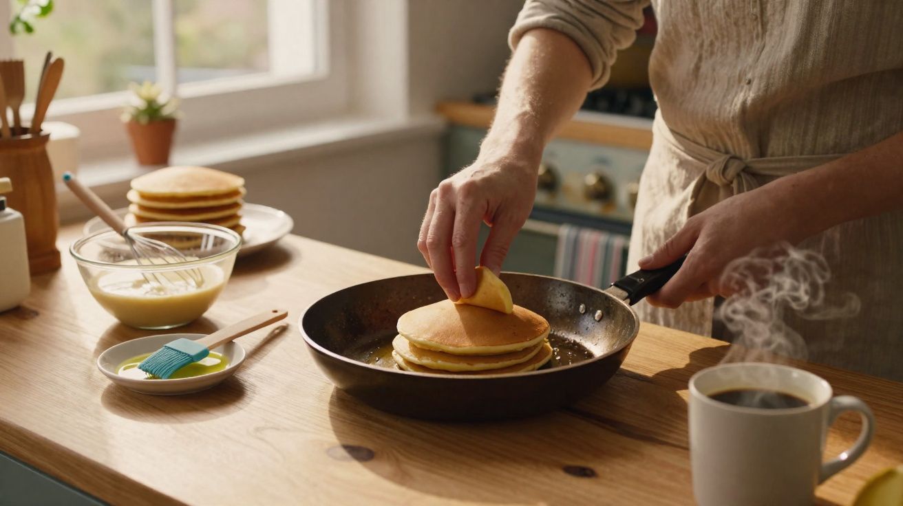 Pessoa tirando panqueca da frigideira em cozinha com café quente ao lado e massa na tigela.