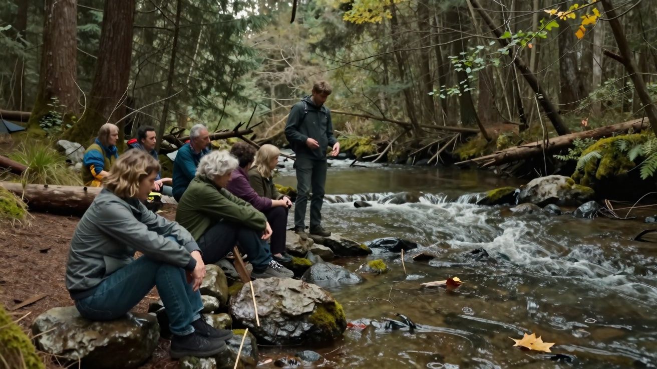 Grupo de pessoas sentadas e em pé à beira de um riacho em floresta durante outono.