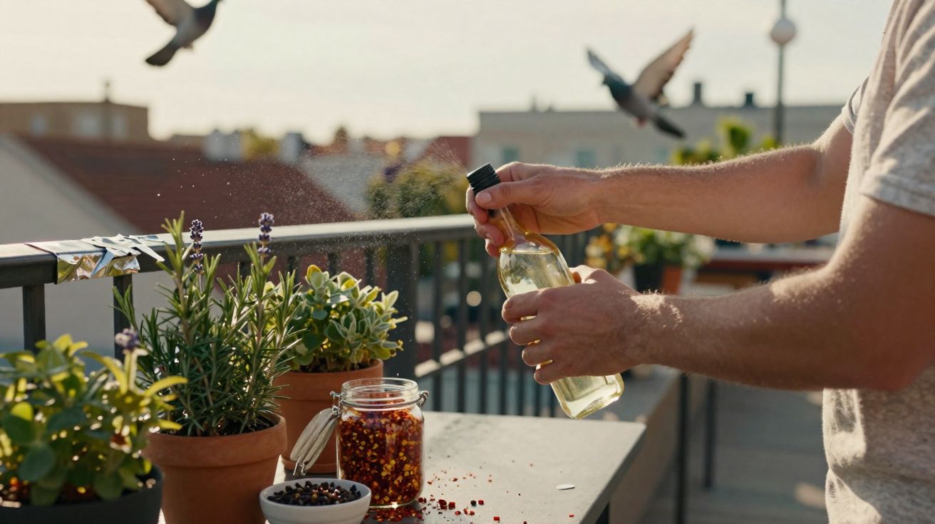Pessoa borrifando óleo em plantas em vasos sobre mesa numa varanda com pombos voando ao fundo.