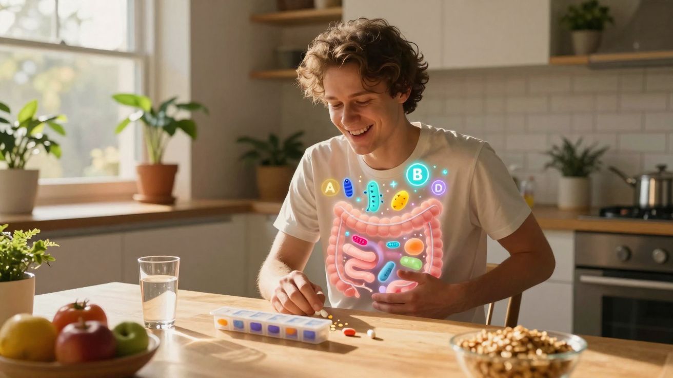 Jovem tomando suplementos com ilustração de intestino e vitaminas destacadas em ambiente de cozinha iluminada.