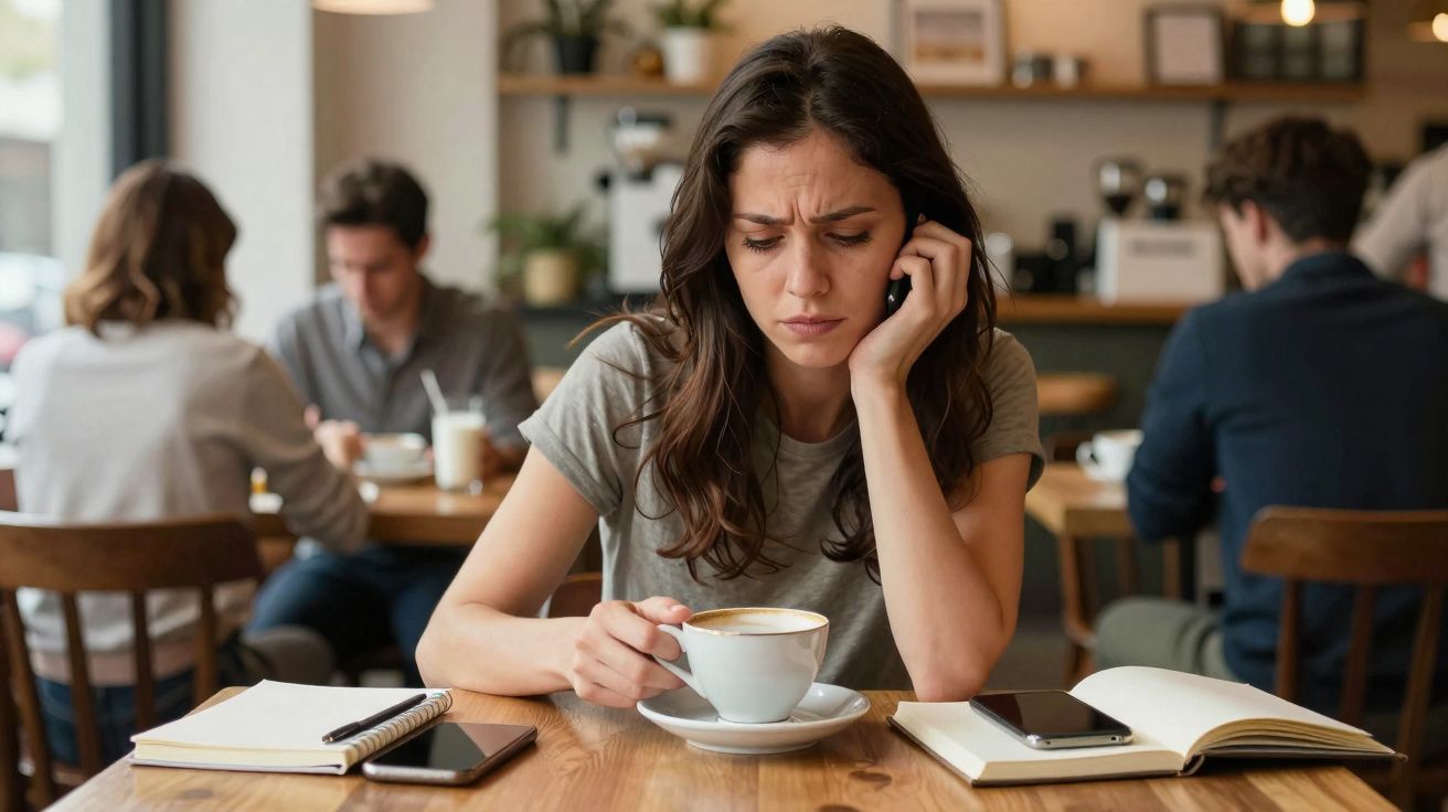 Mulher preocupada tomando café em cafeteria, com cadernos e celular sobre a mesa.