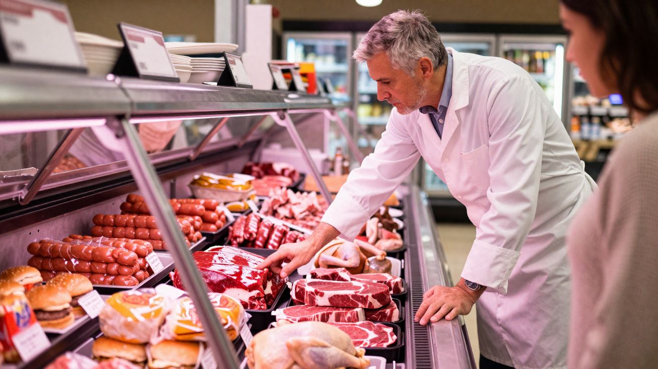 Açougueiro arrumando cortes de carnes diversas em balcão de açougue para cliente.