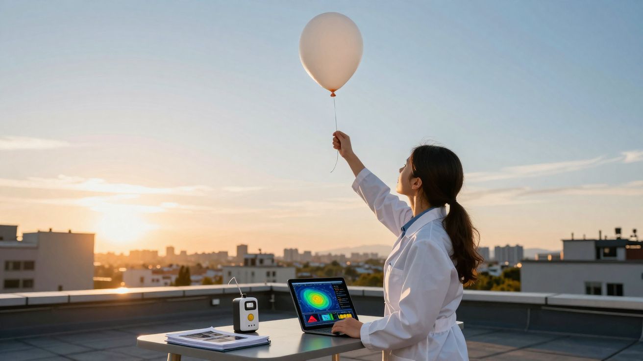 Mulher cientista com jaleco segurando balão branco em telhado ao pôr do sol, usando laptop e medidor.
