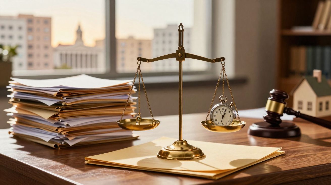 Balança da justiça, pilha de documentos, relógio e martelo em escritório com janela e prédios ao fundo.