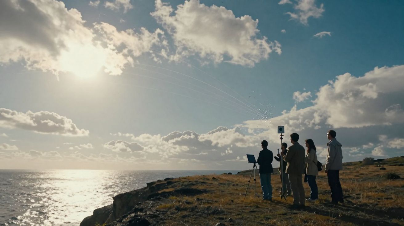 Grupo de quatro pessoas observando o mar e o céu enquanto capturam imagens em um penhasco ao pôr do sol.