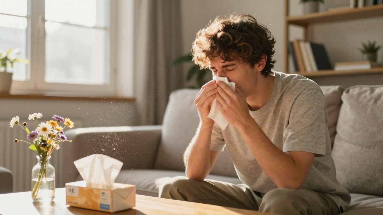 Homem sentado no sofá assoando o nariz com lenço em ambiente iluminado e flores na mesa.