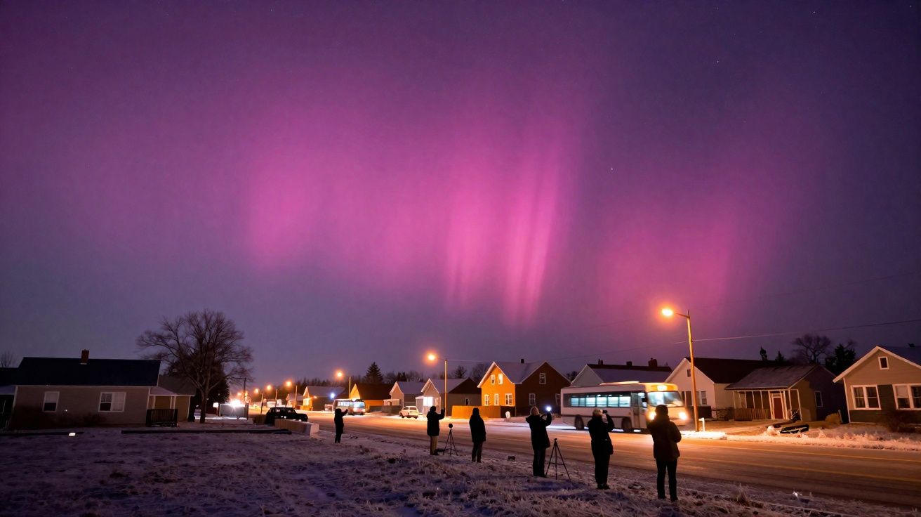 Luzes roxas da aurora boreal iluminam o céu noturno sobre casas e pessoas fotografando.