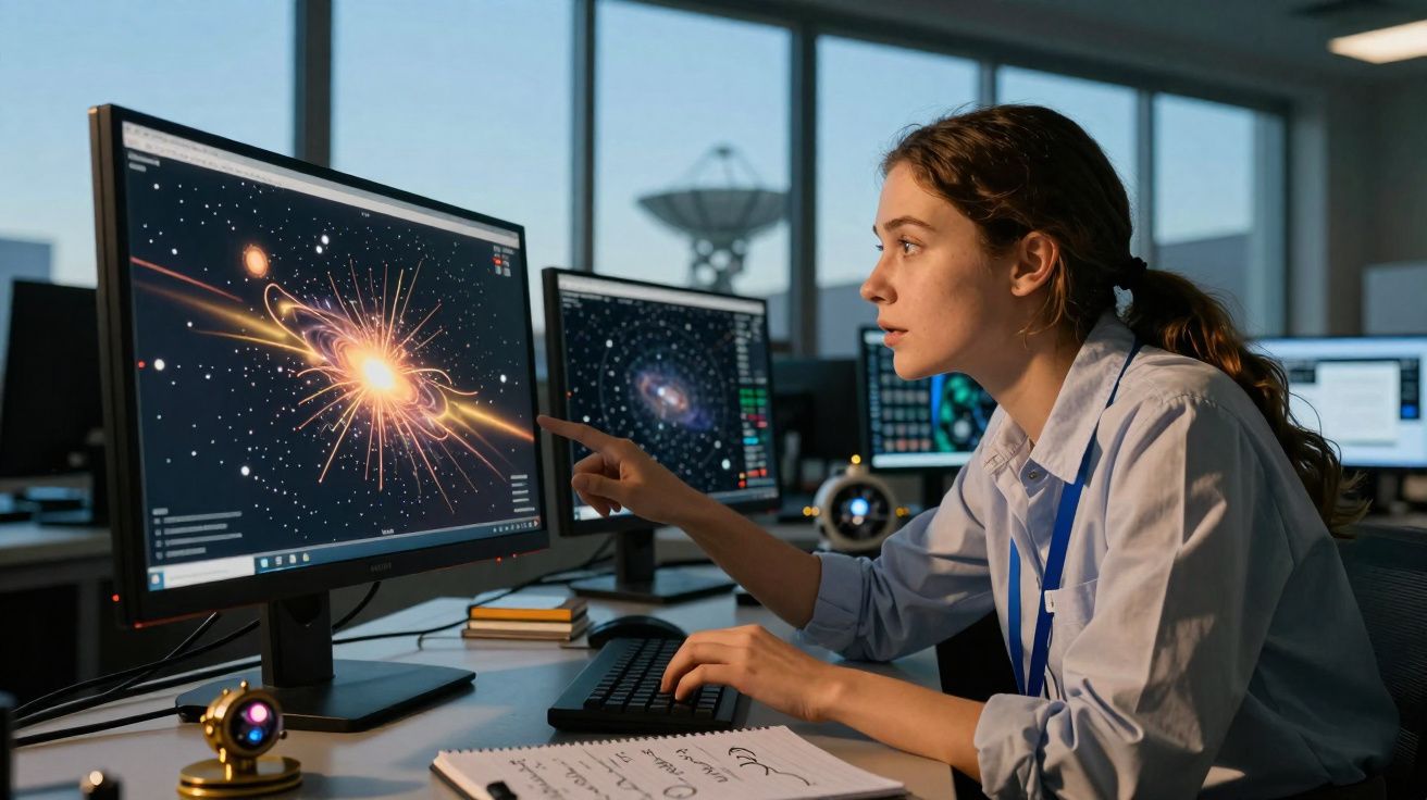 Mulher observando simulação de explosão estelar em monitor de computador em laboratório de astronomia.