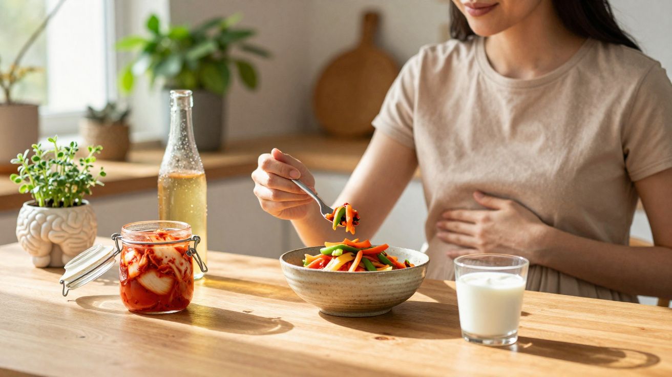 Mulher grávida comendo salada de legumes à mesa com vidro de leite e pote de conserva.