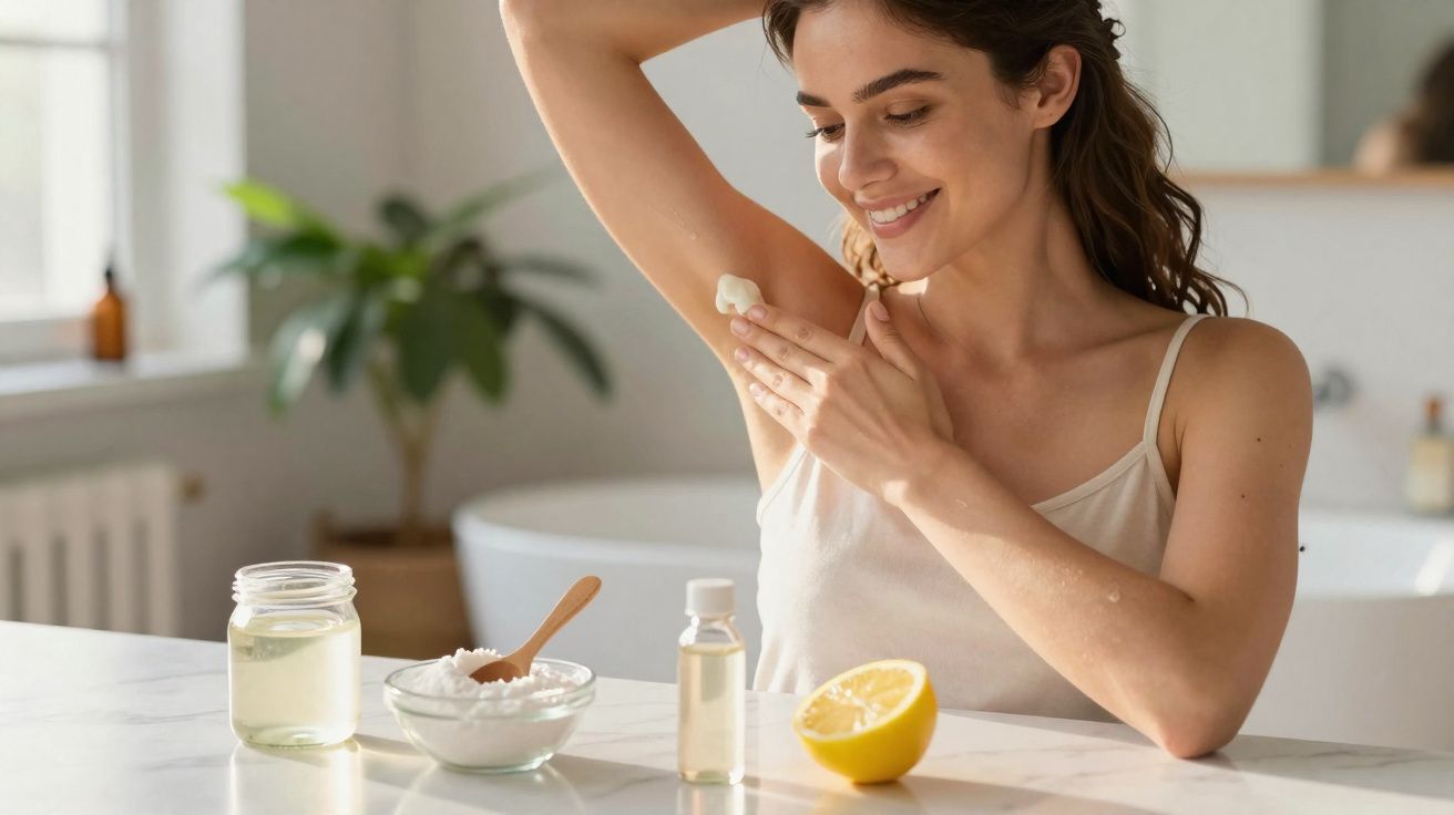 Mulher aplica creme caseiro na axila, com ingredientes naturais numa bancada iluminada.