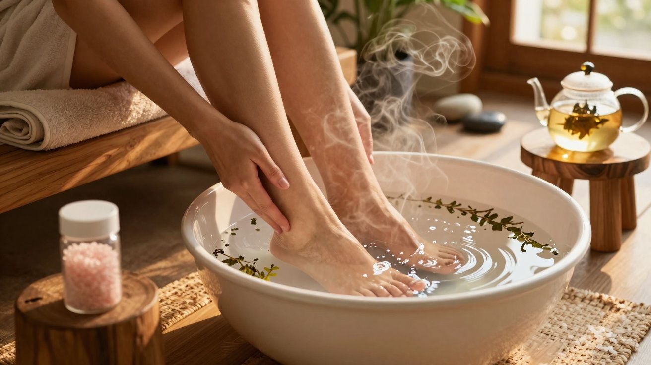 Pessoa relaxando com os pés em banho de água quente aromática em bacia branca, ambiente acolhedor e natural.