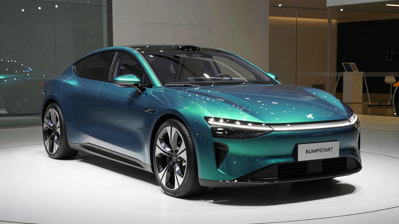 Carro elétrico azul metálico apresentado em palco interno com design moderno e aerodinâmico.