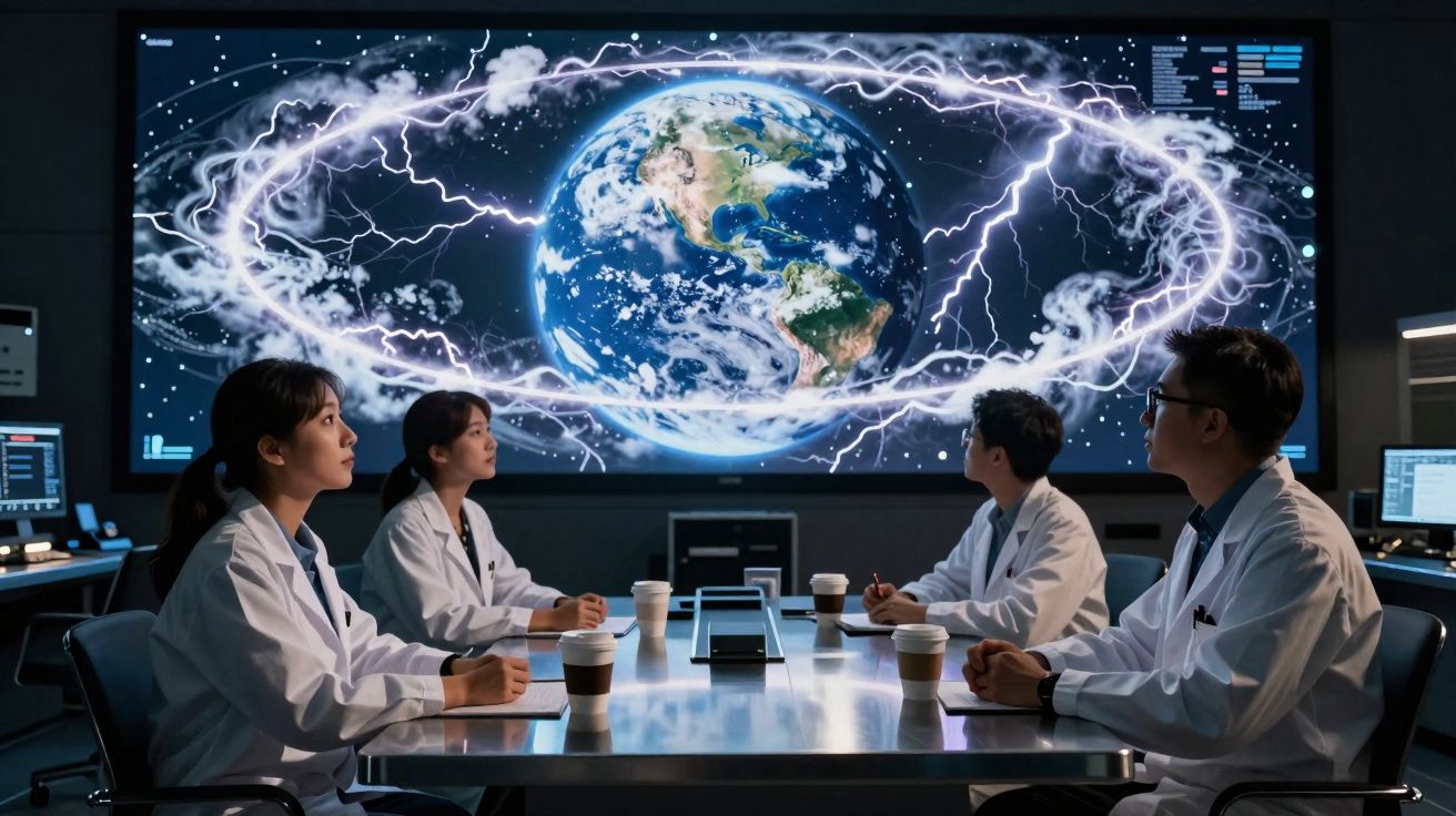 Quatro cientistas em laboratório observam a Terra numa grande tela com efeitos de raios ao redor.