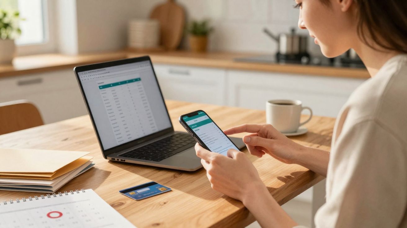 Pessoa usando smartphone e laptop para checar finanças em uma mesa de madeira clara.
