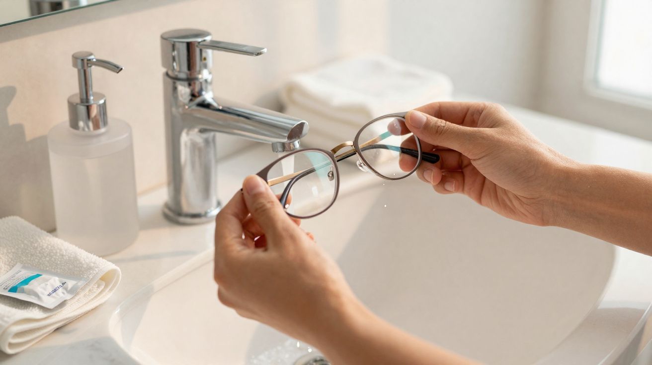 Mãos segurando óculos perto da pia de banheiro com torneira, sabonete líquido e toalha.