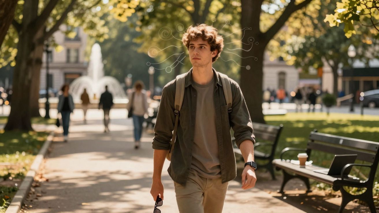 Jovem caminhando em parque urbano com árvores, bancos e fonte ao fundo em dia ensolarado.