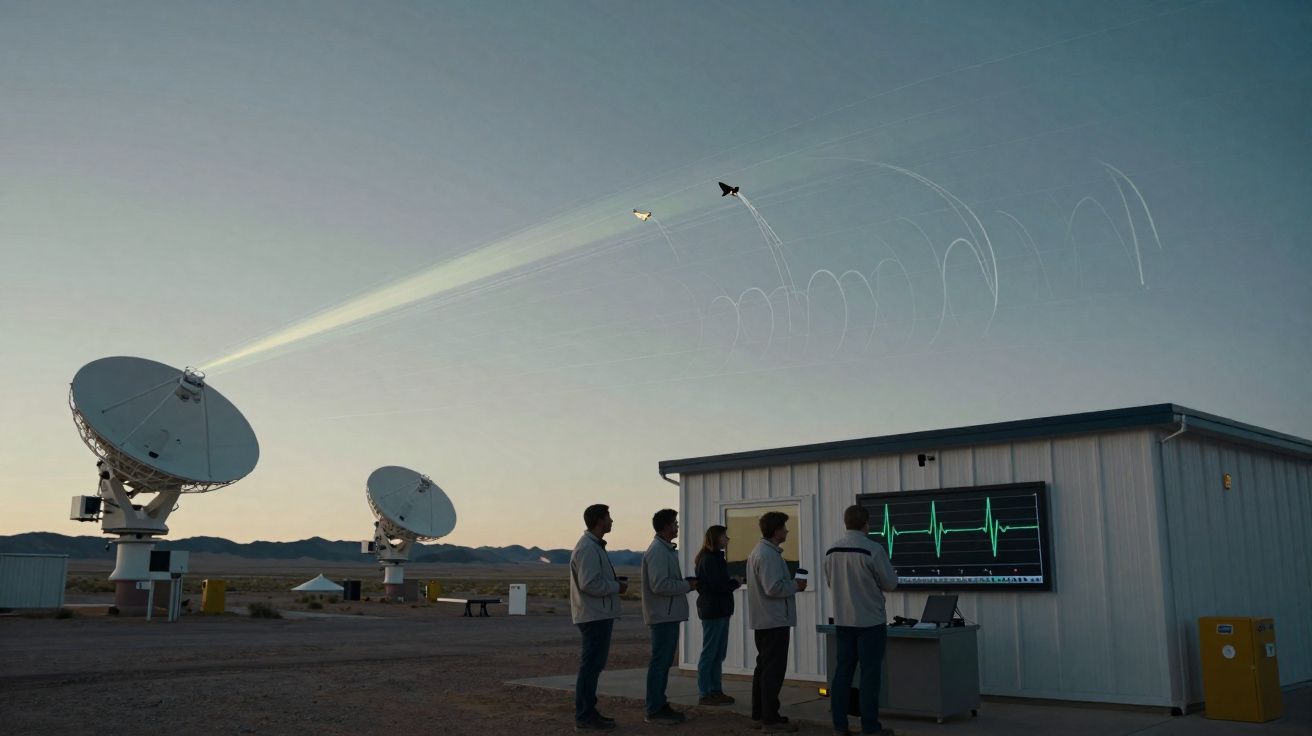 Equipe observa monitor cardíaco com duas antenas parabólicas e aviões fazendo acrobacias no céu ao entardecer.