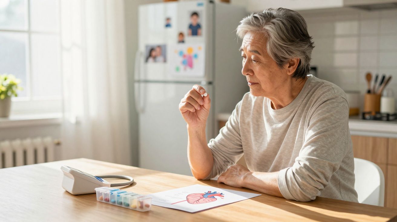 Idoso sentado à mesa segurando comprimido com desenho de coração e organizador de remédios à frente.