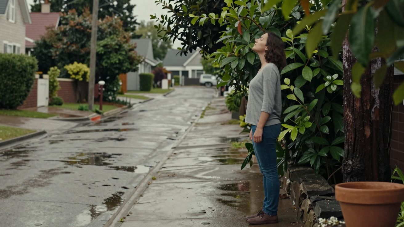 Mulher de pé em calçada molhada, sob folhas verdes, respirando ar fresco em bairro residencial após chuva.