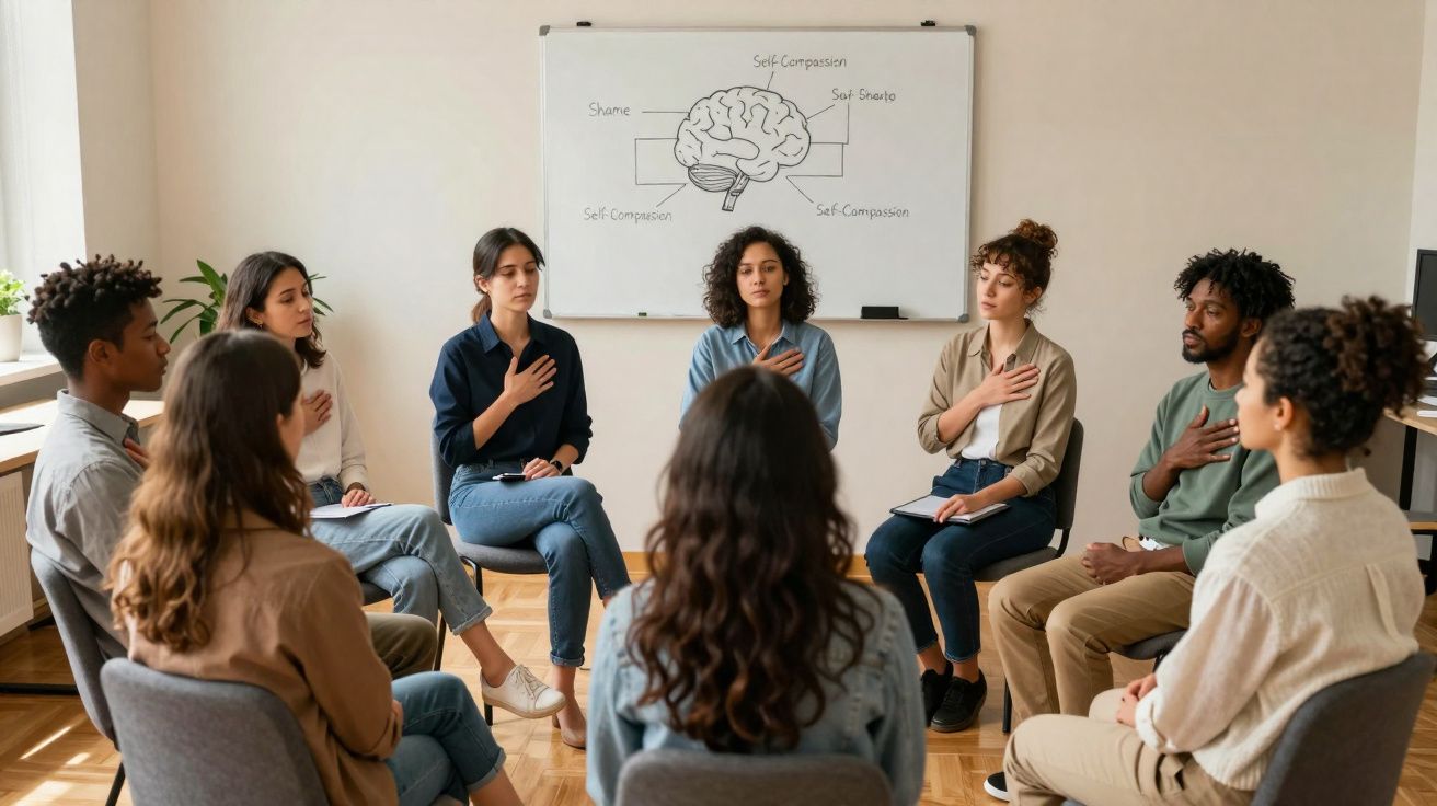 Grupo diverso sentado em círculo com mãos no peito em sessão de meditação em sala com quadro branco.