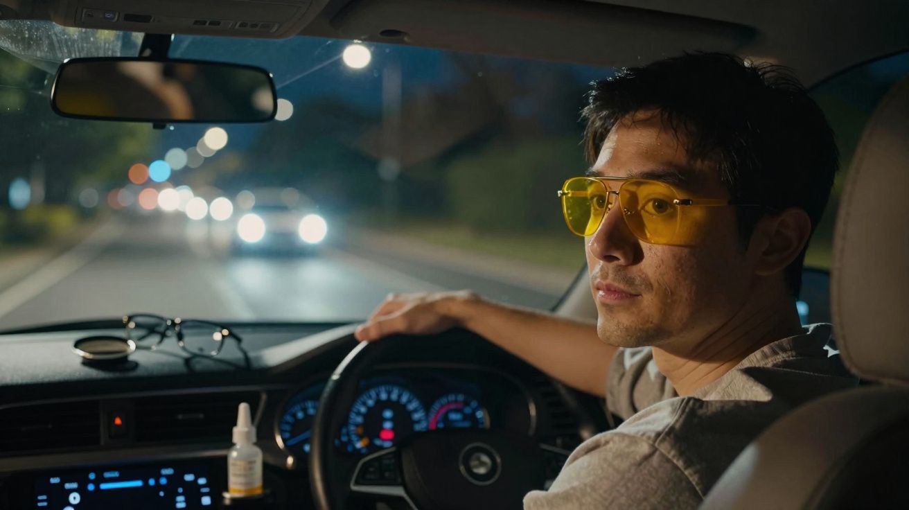 Homem de óculos amarelos dirigindo à noite, olhando para o retrovisor em um carro moderno.