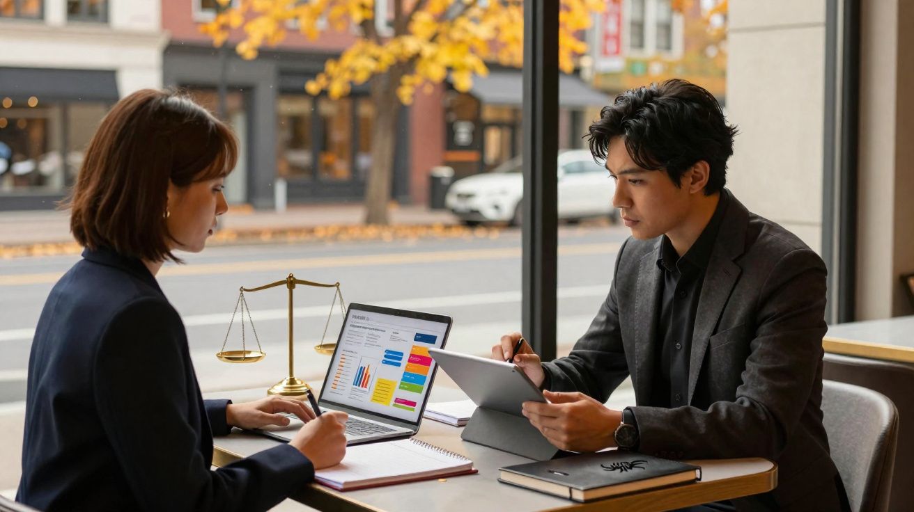 Duas pessoas profissionais discutindo dados gráficos em laptops em uma mesa com uma balança de justiça ao fundo.