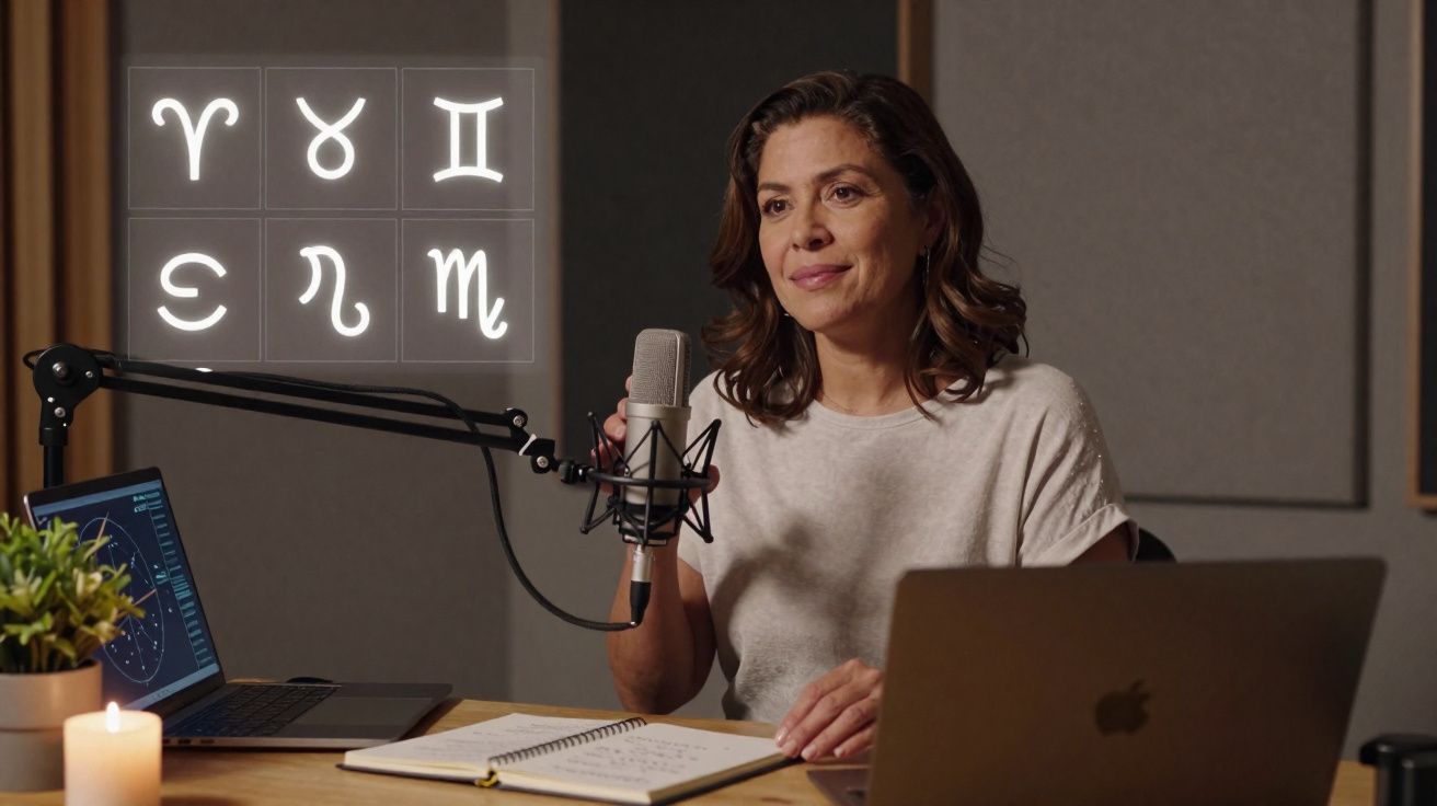 Mulher em estúdio com microfone, laptop e símbolos do zodíaco brilhando ao fundo.