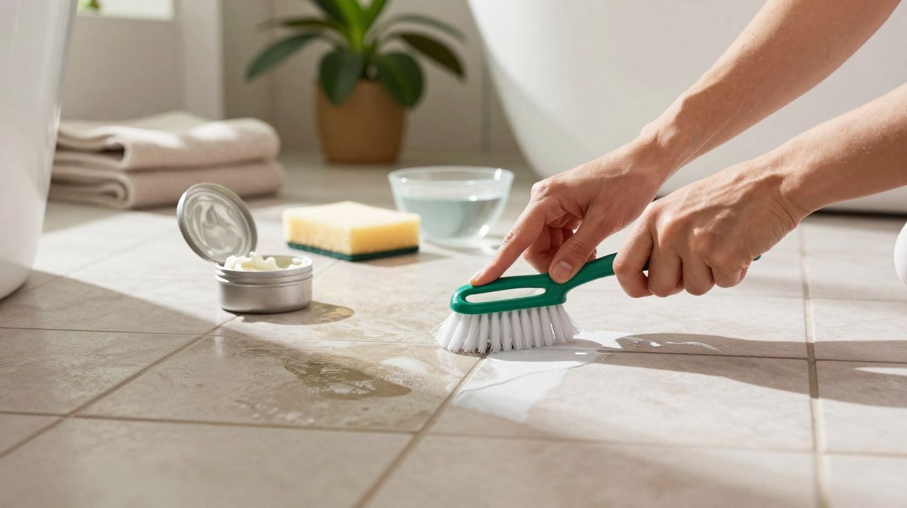 Pessoa esfregando piso cerâmico úmido com escova de cerdas brancas e cabo verde.