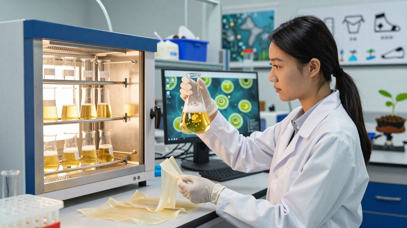 Mulher cientista em laboratório segurando frasco com líquido amarelo analisando amostras em incubadora.